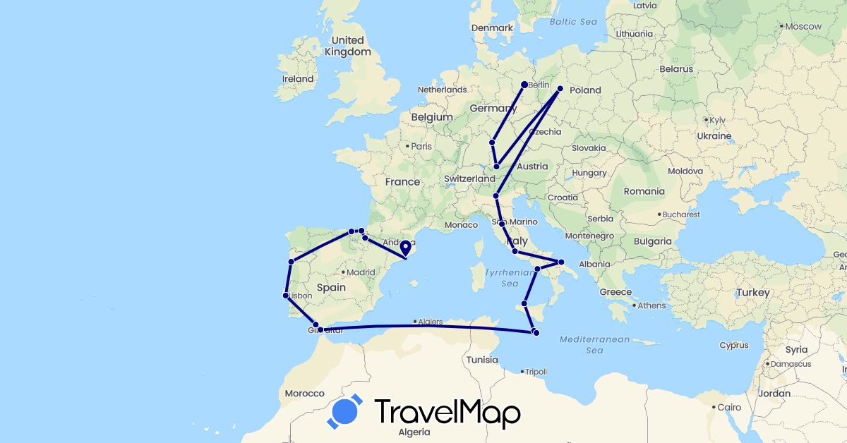 TravelMap itinerary: driving in Germany, Spain, Italy, Malta, Portugal (Europe)