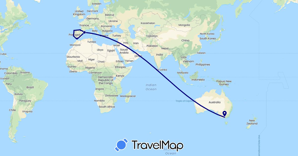 TravelMap itinerary: driving in Australia, Spain, Gibraltar, Portugal (Europe, Oceania)